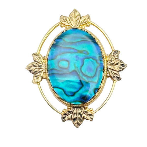 Vintage Abalone Paua Shell Brooch Gold Tone Blue Green 1970s Retro Iridescent 2" - Picture 1 of 6